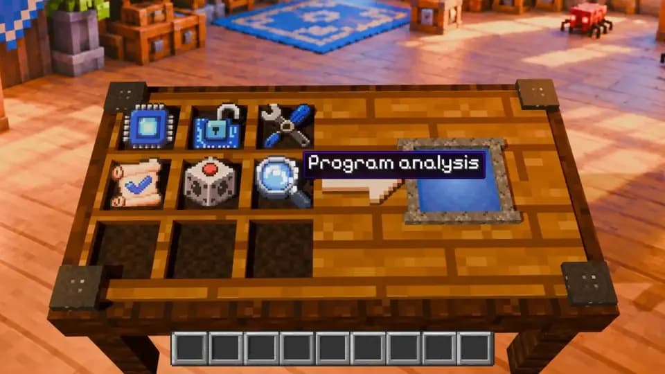 The film's voxel crafting table with six research tools
