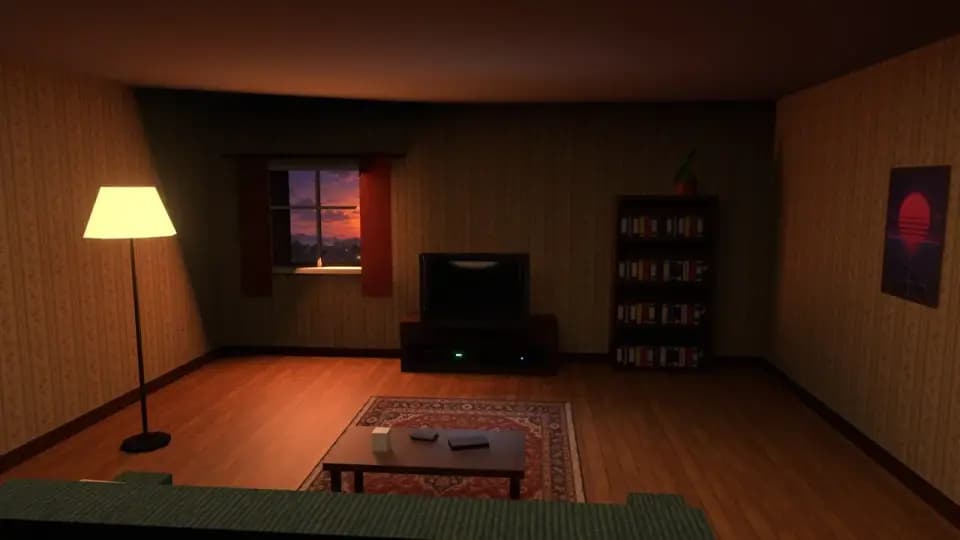 The film's warm living room, with a CRT, VHS shelf, sofa, and sunset window